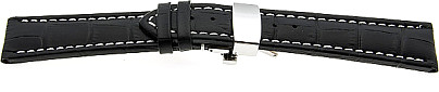   Uhrenarmband Leder, geprägt schwarz mit Butterfly-Schließe, Naht weiß 