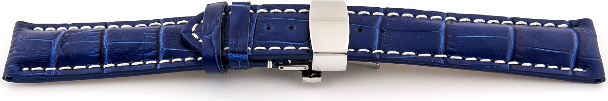   Watch Band Kroko Look 17J Butterfly-Schließe - Extra gepolstert, Leder, geprägt - blau with weiß stitching 