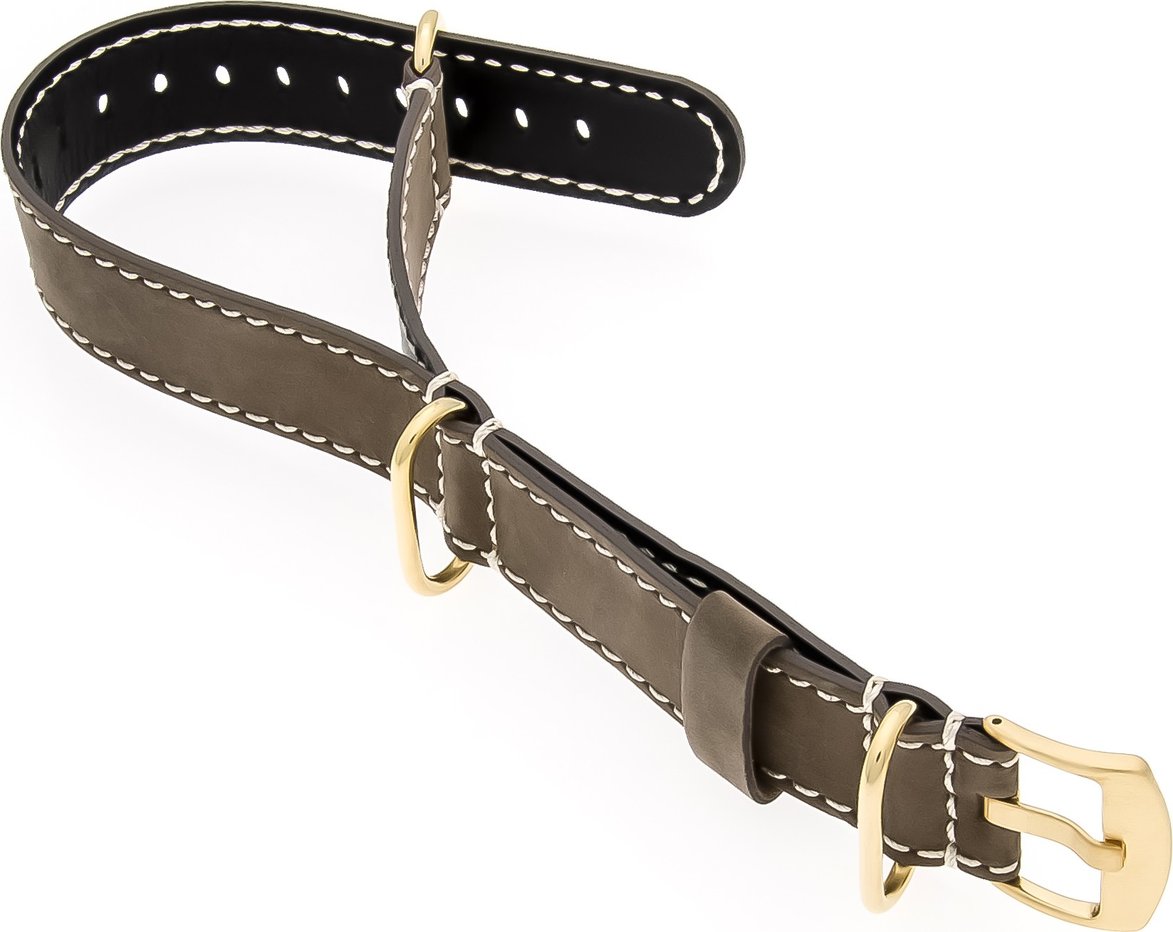  GOLD-NATO Watch Strap - Strap - Military - Real Leather - Gold Buckle  Brown/White 