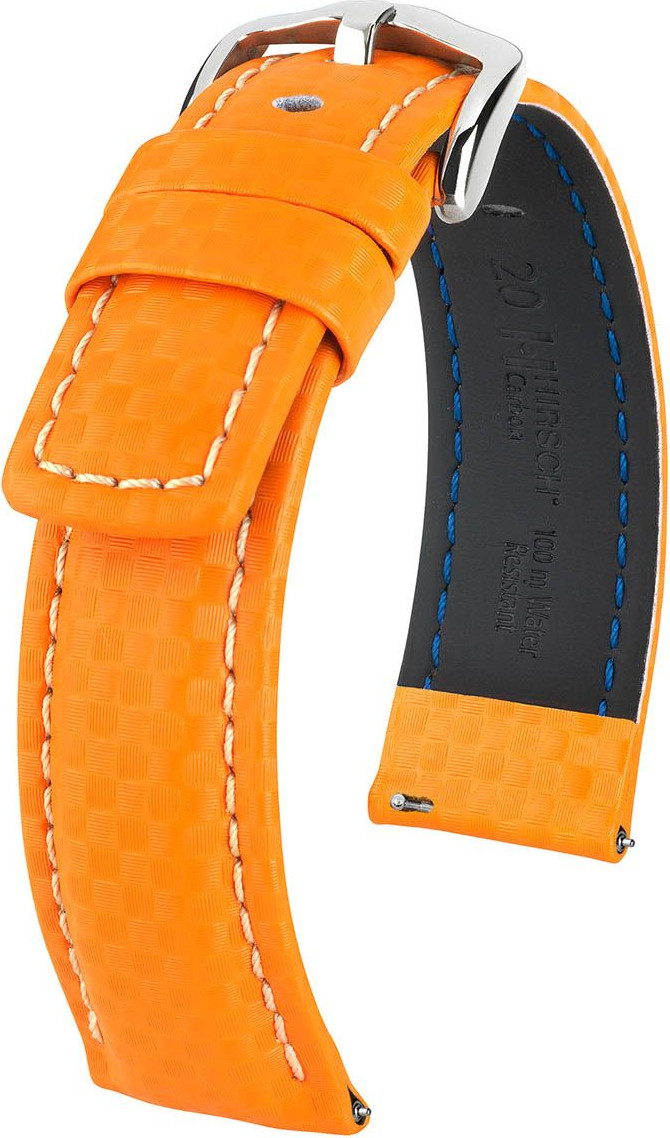   Watch Band Hirsch Carbon Dornschließe - Leder, extra stark, Wasserfest - orange with weiß stitching 