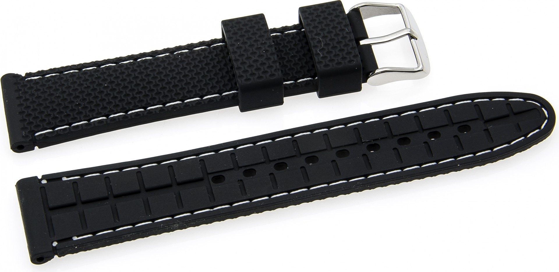   Watch Band Reifen-Muster Dornschließe - Silikon - schwarz with weiße stitching 