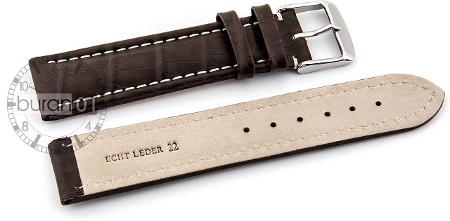   Watch Band Kroko-Look V2 Dornschließe - Leder, geprägt, XXL-Größen - dunkelbraun with weiß stitching 