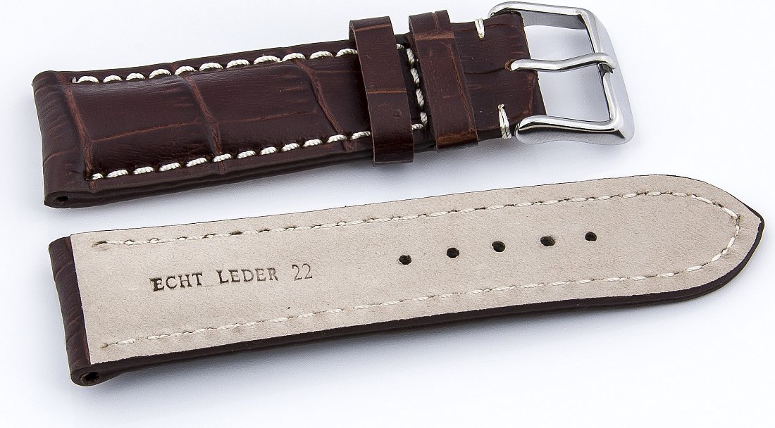   Watch Band Kroko Look 17J Dornschließe - Leder, geprägt, XS-Größen - dunkelbraun with weiß stitching 