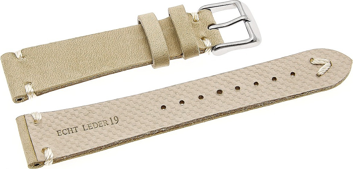   Watch Band V-Band Dornschließe - Leder, extra stark, Leder, glatt - beige with weiß stitching 