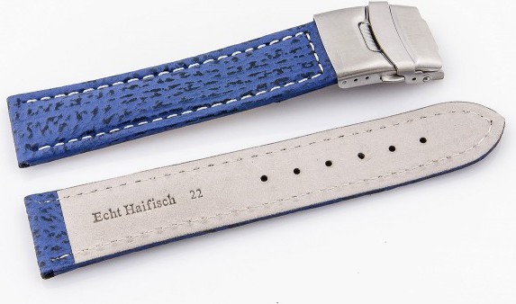  Watch Band Faltschließe - Echt Haifisch - blau with weiß stitching 