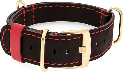  GOLD-NATO Watch Strap - Strap - Military - Real Leather - Gold Buckle  Brown/Red 