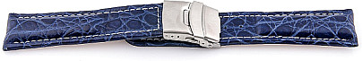   Watch Band Leder, Geprägt blau with Faltschließe, weiß stitching 