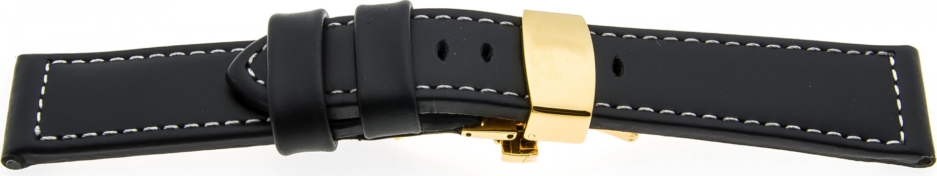   Uhrenarmband PAN-Glatt Butterfly-Schließe - Leder, extra stark - schwarz mit weißer Naht 