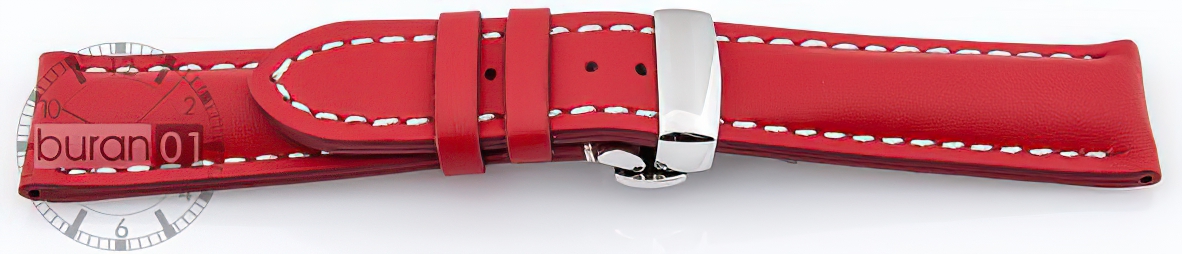   Uhrenarmband Butterfly-Schließe - Extra gepolstert, Leder, glatt - rot mit weißer Naht 