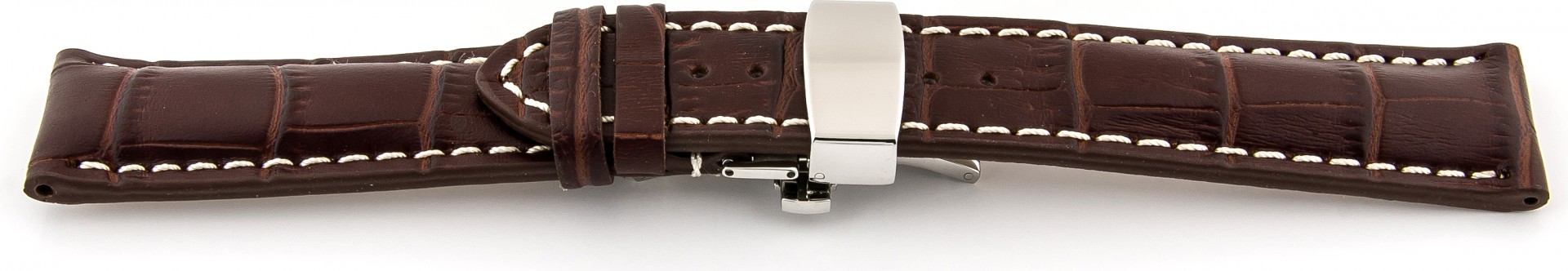   Uhrenarmband Kroko Look 17J Butterfly-Schließe - Extra gepolstert, Leder, geprägt - dunkelbraun mit weißer Naht 