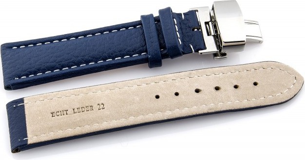   Uhrenarmband Eptide Butterfly-Schließe - Leder, genarbt - blau mit weißer Naht 