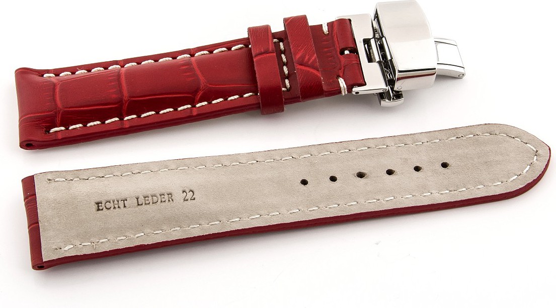   Uhrenarmband Kroko Look 17J Butterfly-Schließe - Extra gepolstert, Leder, geprägt - rot mit weißer Naht 