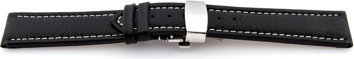   Uhrenarmband Eptide Butterfly-Schließe - Leder, genarbt - schwarz mit weißer Naht 
