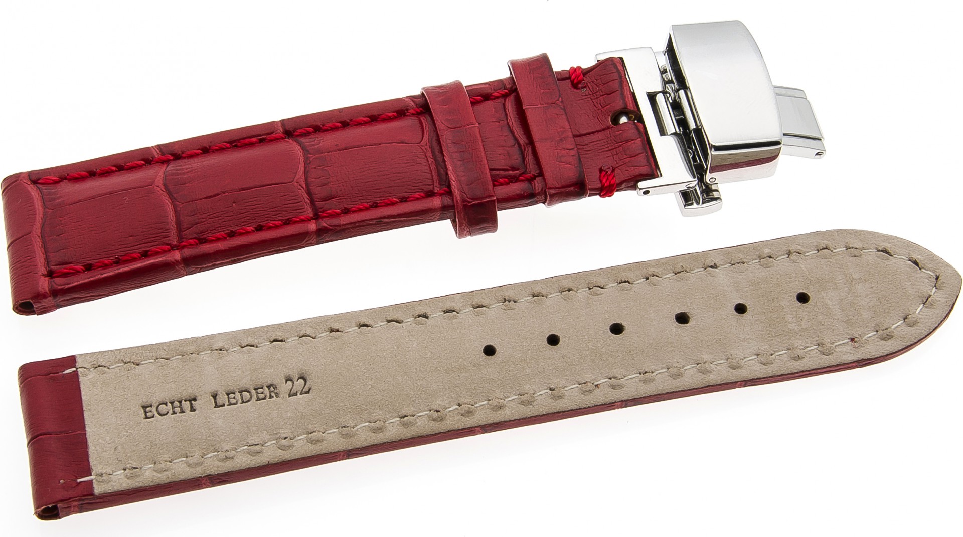   Uhrenarmband Kroko look Butterfly-Schließe - Leder, geprägt - rot 
