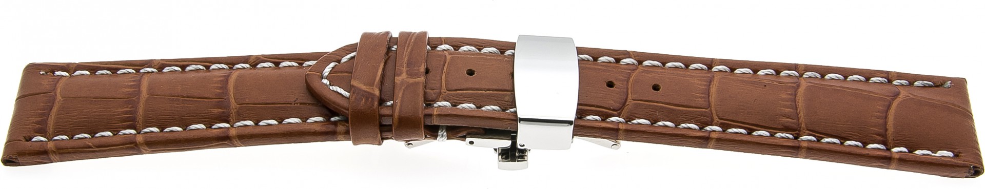   Uhrenarmband Kroko look Butterfly-Schließe - Leder, geprägt - hellbraun mit weißer Naht 