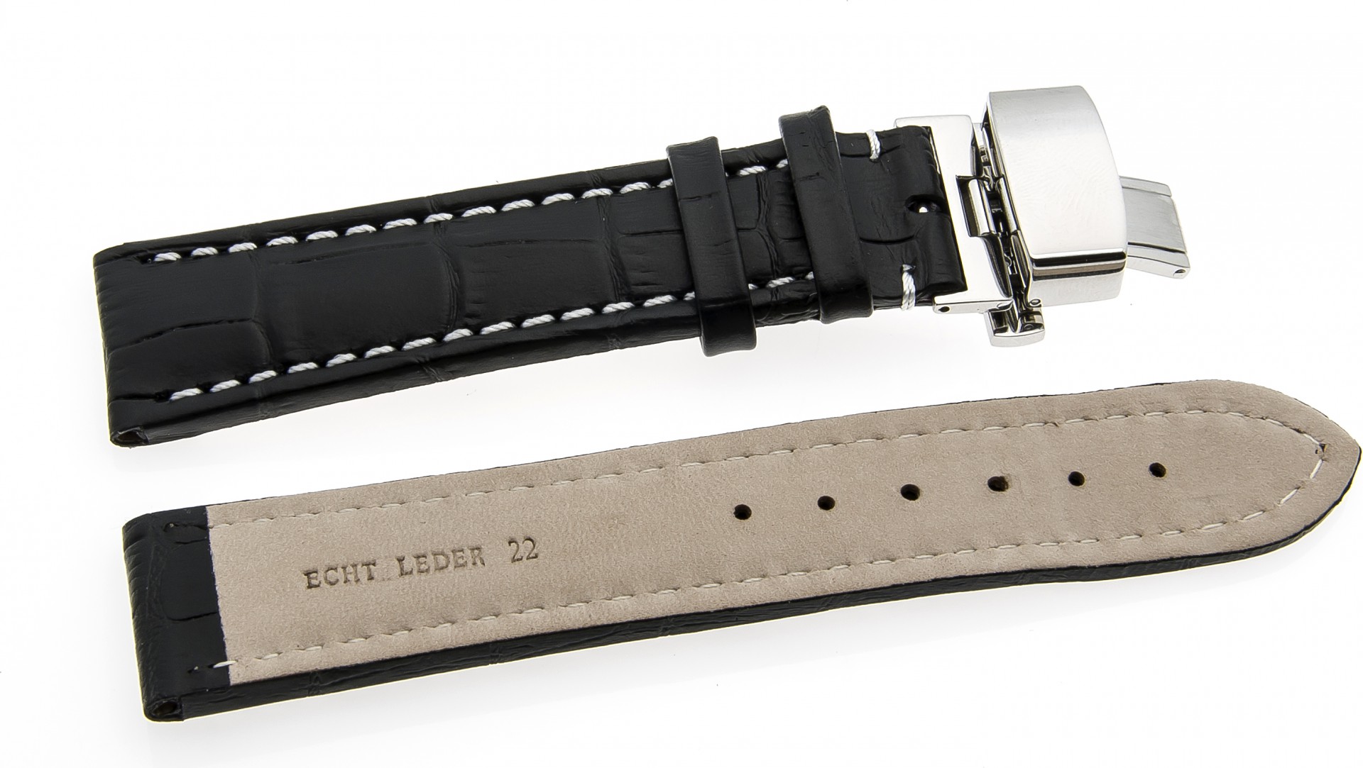   Uhrenarmband Kroko look Butterfly-Schließe - Leder, geprägt - schwarz mit weißer Naht 