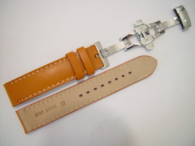   Uhrenarmband Butterfly-Schließe - Leder, glatt - hellbraun mit weißer Naht 