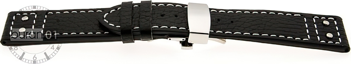   Uhrenarmband Inger Butterfly-Schließe - Leder, genarbt - schwarz mit weißer Naht 