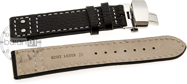   Uhrenarmband Inger Butterfly-Schließe - Leder, genarbt - schwarz mit weißer Naht 