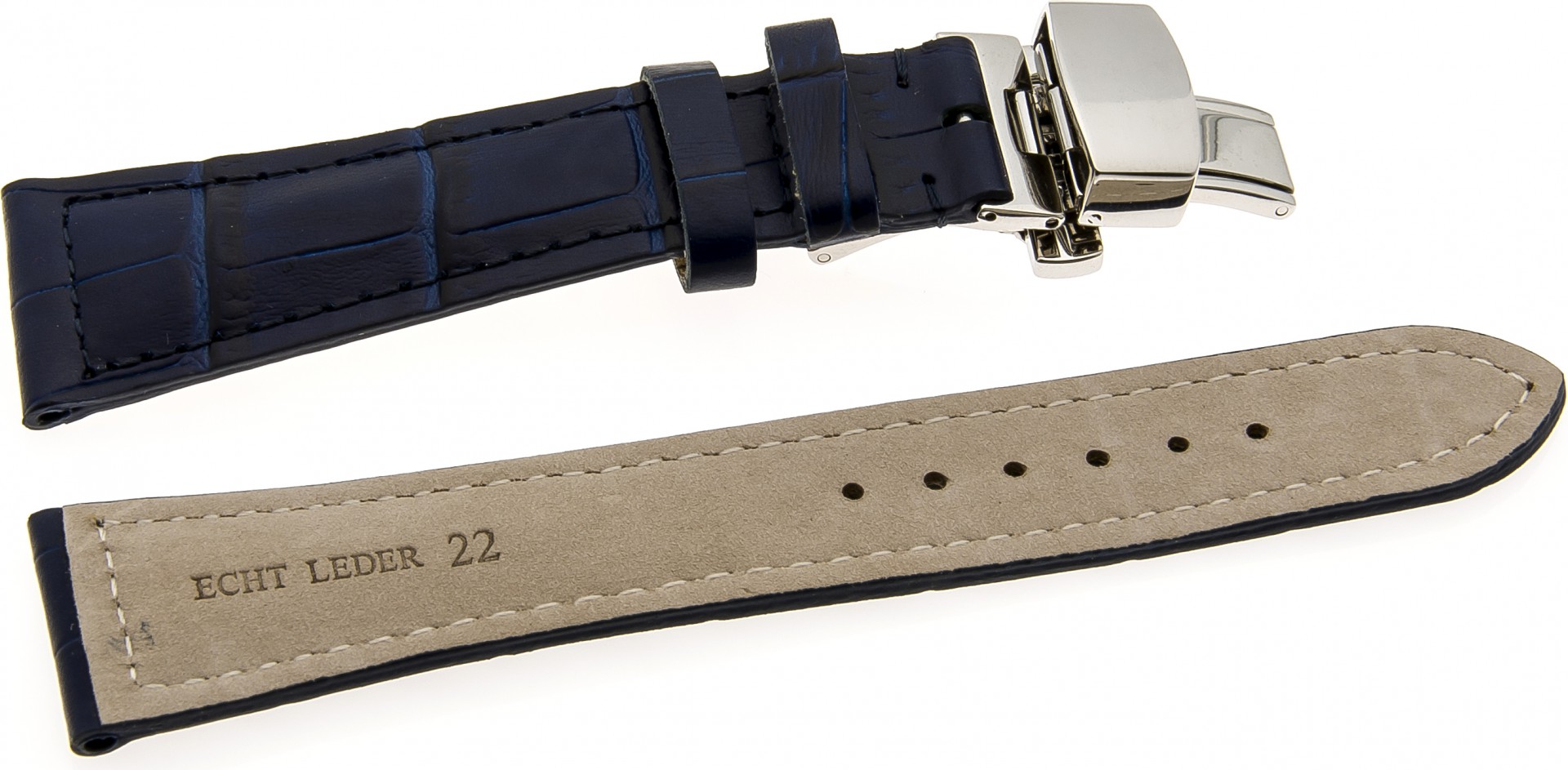   Uhrenarmband Kroko Look 71C Butterfly-Schließe - Leder, geprägt - dunkelblau mit blauer Naht 