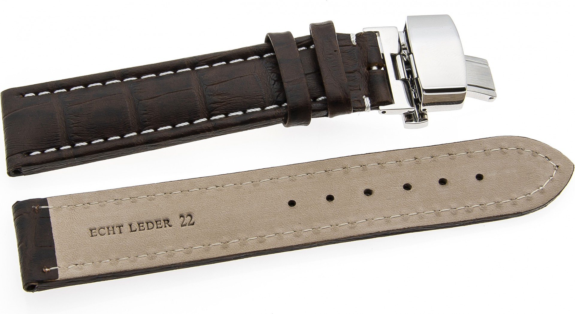   Uhrenarmband Kroko-Look Butterfly-Schließe - Leder, geprägt, XXL-Größen - dunkelbraun mit weißer Naht 