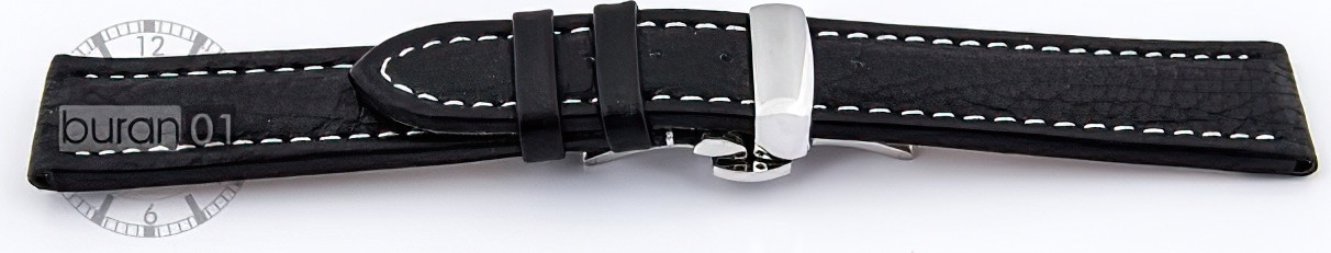   Uhrenarmband Poljot Butterfly-Schließe - Leder, genarbt - schwarz mit weißer Naht 