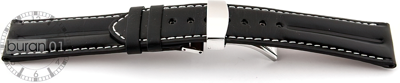  Uhrenarmband DP 107 Kippfaltschließe - Leder, glatt - schwarz mit weißer Naht 