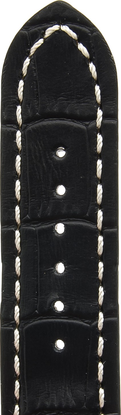   Uhrenarmband Kroko Look 17J Kippfaltschließe - Extra gepolstert, Leder, geprägt - schwarz mit weißer Naht 
