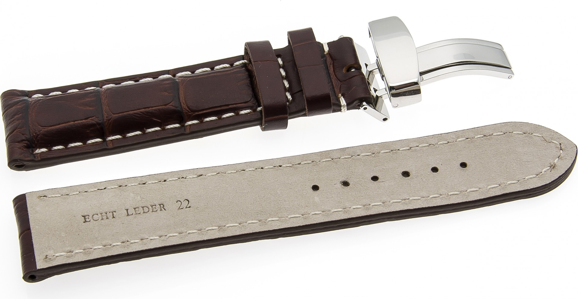   Uhrenarmband Kroko Look 17J Kippfaltschließe - Extra gepolstert, Leder, geprägt - dunkelbraun mit weißer Naht 