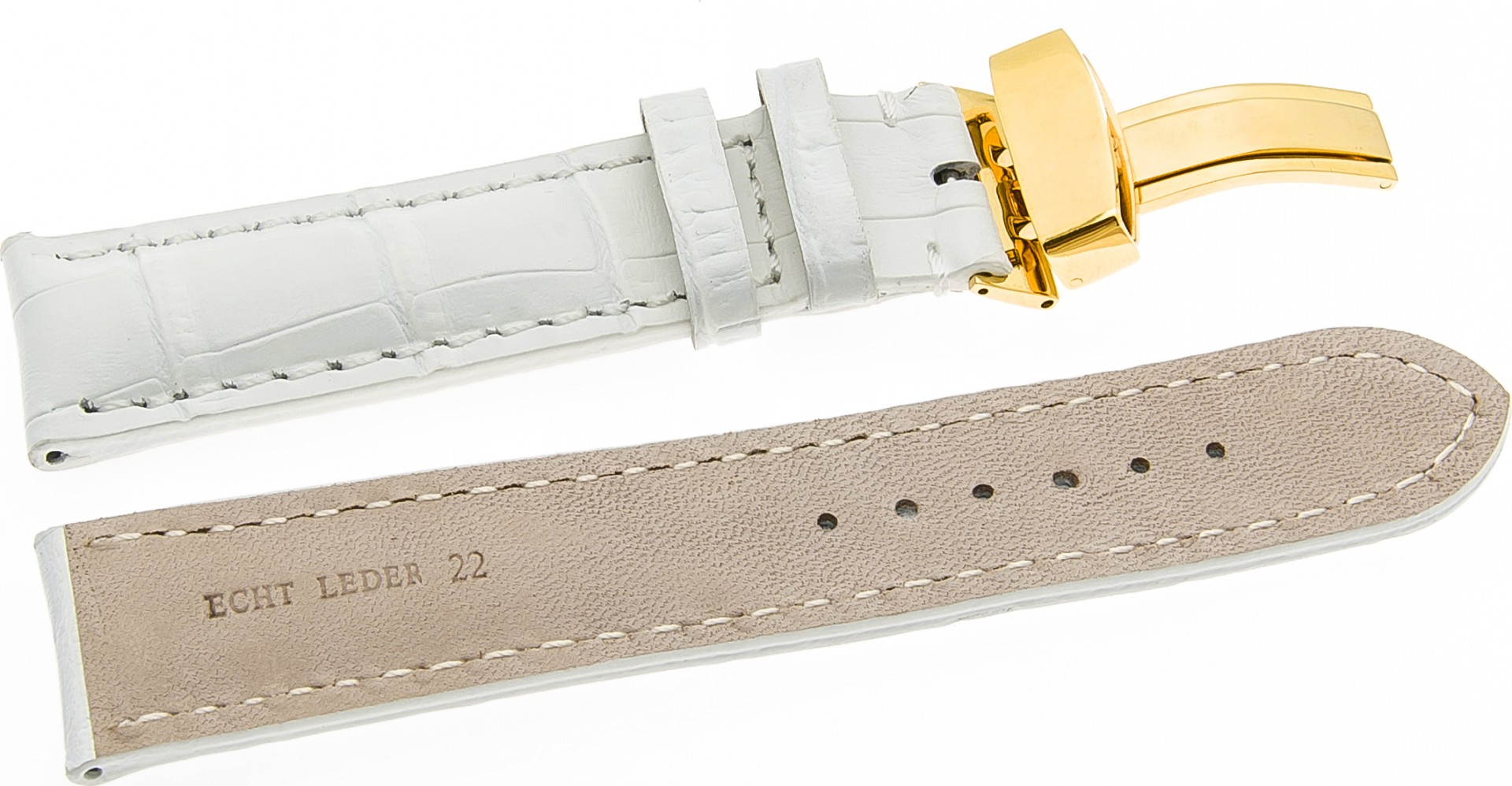   Uhrenarmband Kroko Look 17J Kippfaltschließe - Extra gepolstert, Leder, geprägt - weiß 