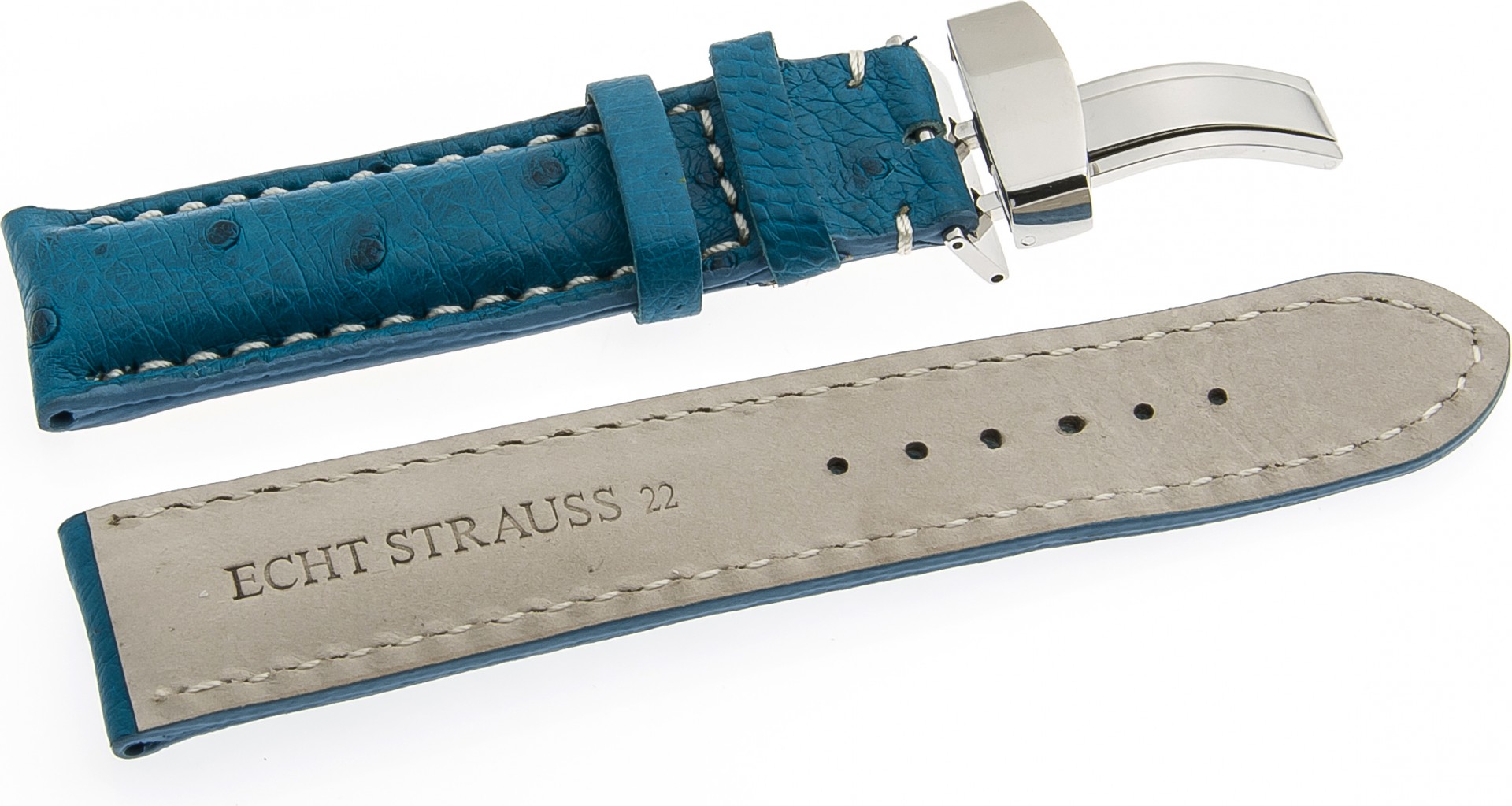   Uhrenarmband 17J Kippfaltschließe - Echt Strauß - blau mit weißer Naht 