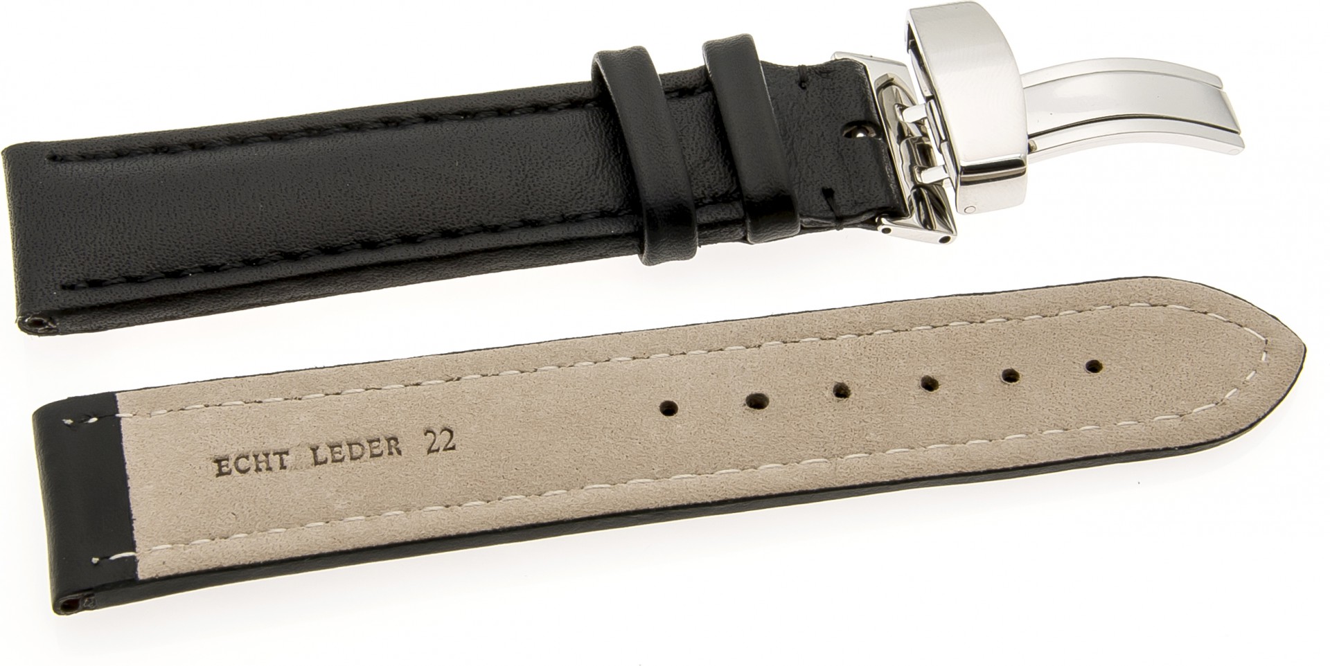   Uhrenarmband Kippfaltschließe - Leder, glatt - schwarz 
