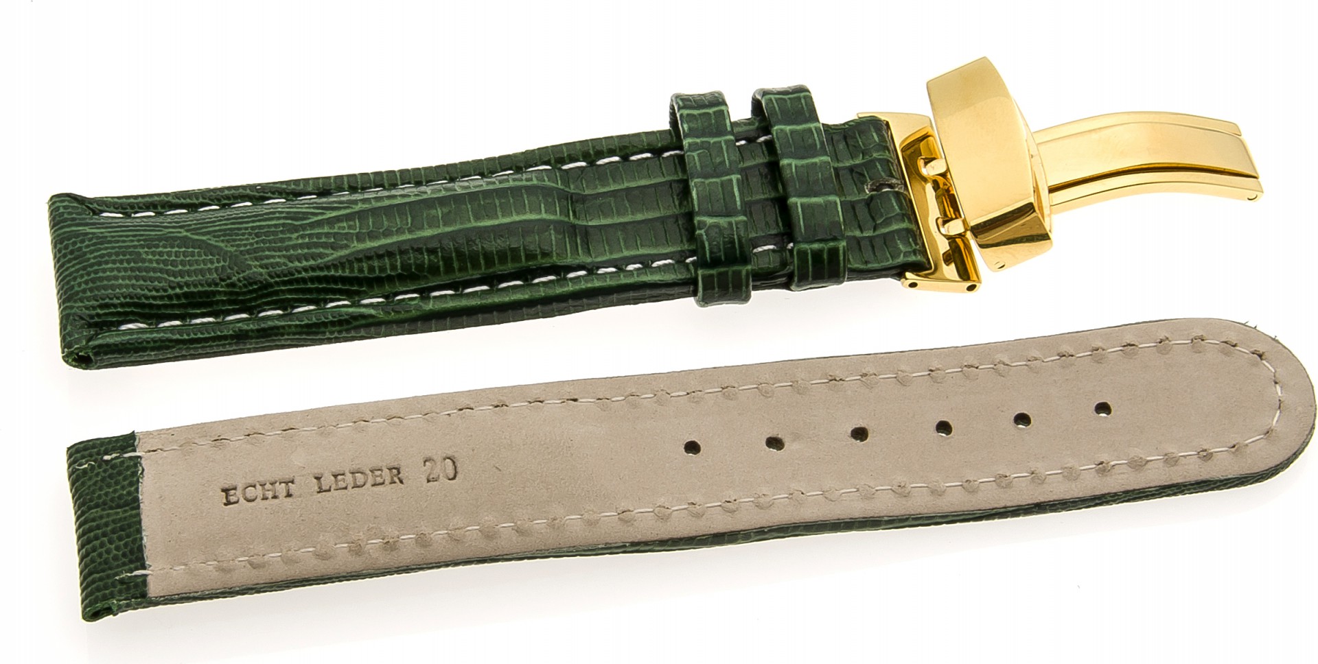   Uhrenarmband Texas Kippfaltschließe - Leder, geprägt - grün mit weißer Naht 