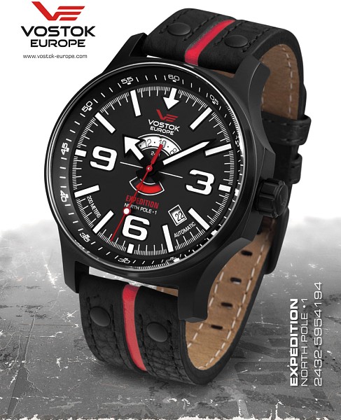  Vostok Europe Expedition Nordpol 1 Automatik Armbanduhr schwarz/rot mit Lederband 