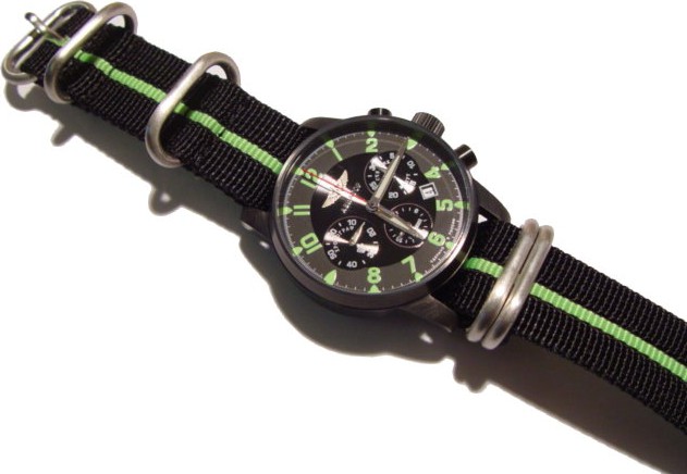  Zulu Uhrenarmband - Nylon Militär - schwarz mit grünen streifen 