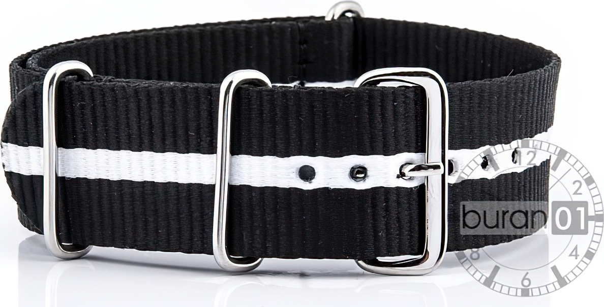   Uhrenarmband - Dorn - Nylon Militär - schwarz mit weißem Streifen V2 