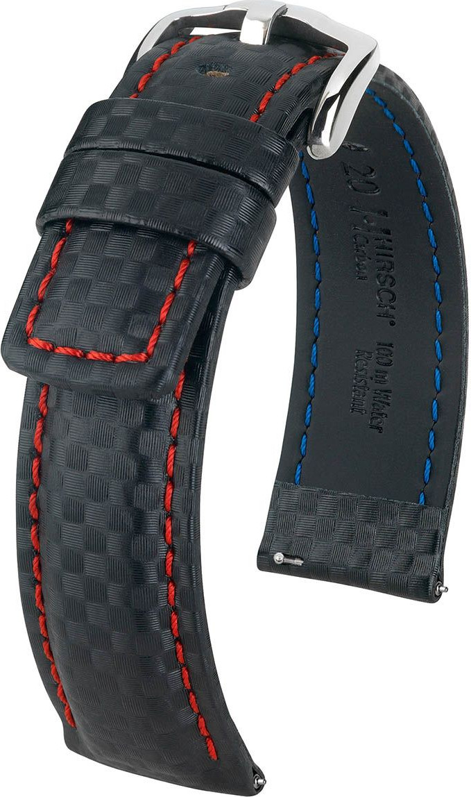   Uhrenarmband Hirsch Carbon Dornschließe - Leder, extra stark, Wasserfest - schwarz mit roter Naht 