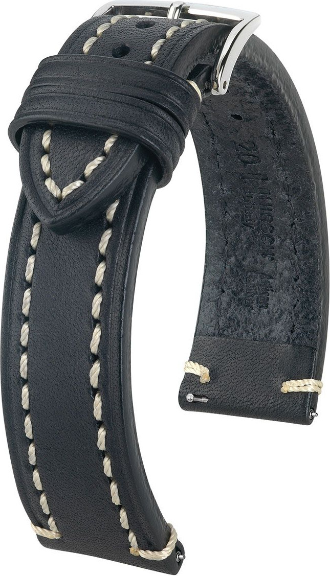   Uhrenarmband Hirsch Liberty Dornschließe - Kalb, Leder, Leder, extra stark - schwarz mit weißer Naht 