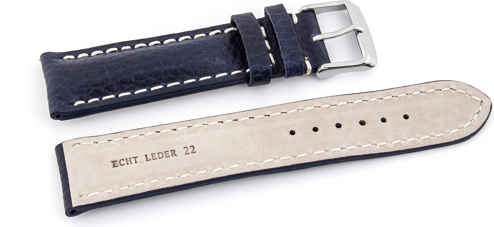   Uhrenarmband Eptide 17J Dornschließe - Extra gepolstert, Leder, genarbt - blau mit weißer Naht 
