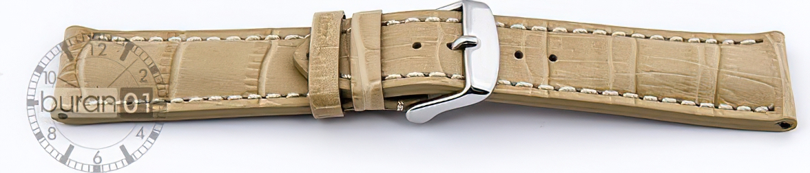   Uhrenarmband Kroko Look 17J Dornschließe - Leder, geprägt, Extra gepolstert - beige mit weißer Naht 