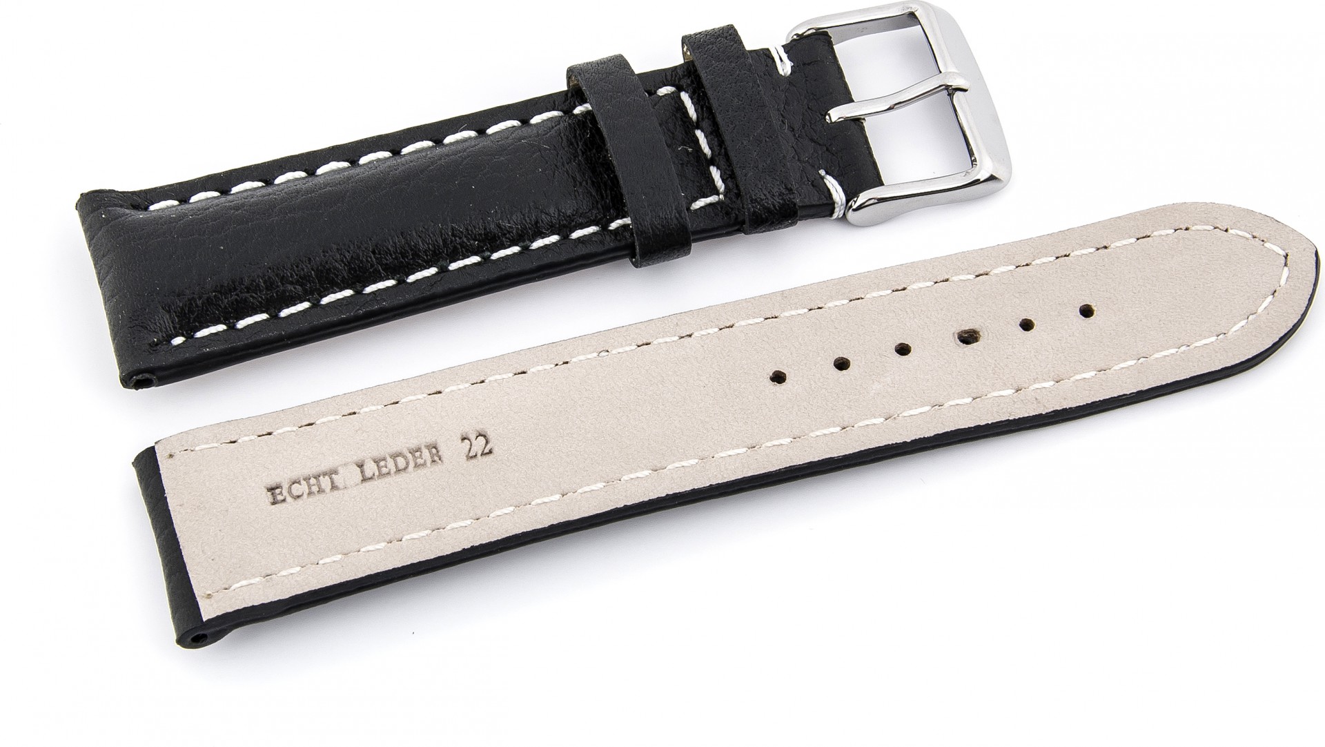   Uhrenarmband Eptide 17J Dornschließe - Extra gepolstert, Leder, genarbt - schwarz mit weißer Naht 