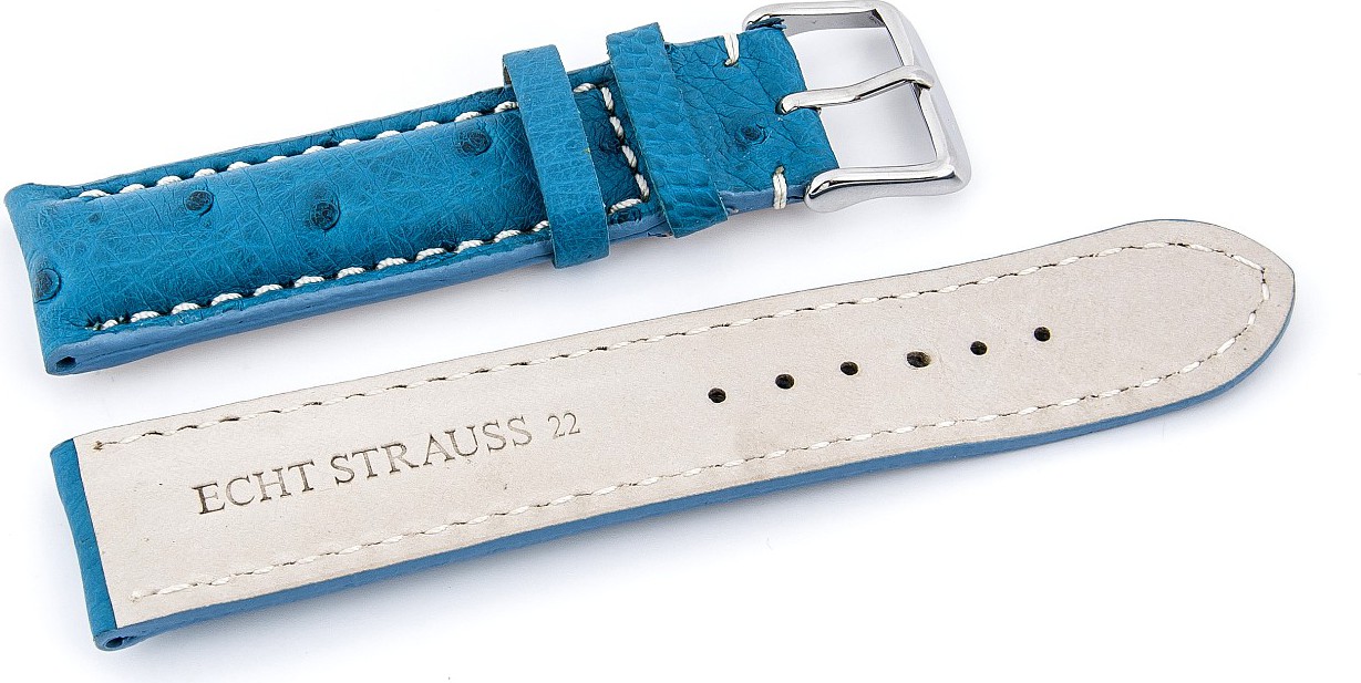   Uhrenarmband 17J Dornschließe - Echt Strauß - blau mit weißer Naht 