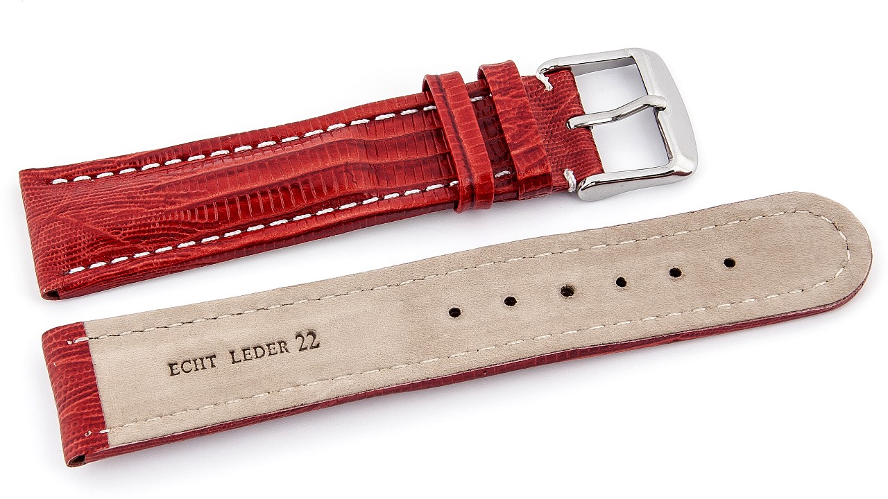   Uhrenarmband Texas Dornschließe - Leder, geprägt - rot mit weißer Naht 