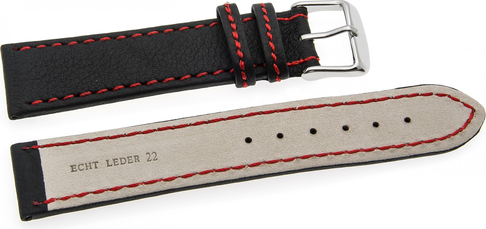   Uhrenarmband Kama Sport Dornschließe - Leder, genarbt - schwarz mit roter Naht 