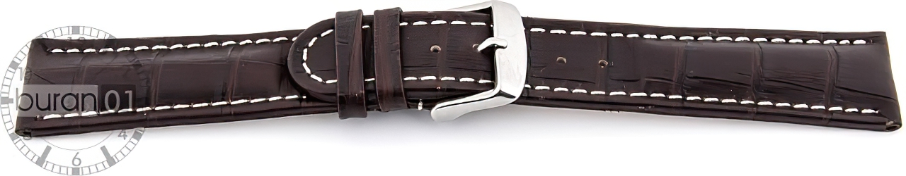   Uhrenarmband Kroko Look Dornschließe - Leder, geprägt - dunkelbraun mit weißer Naht 