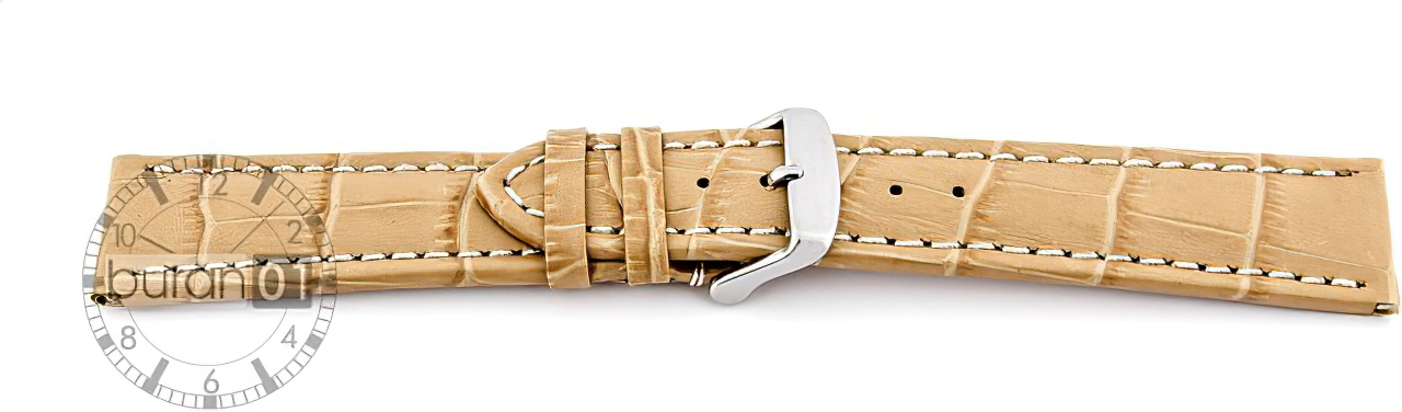   Uhrenarmband Kroko-Look V2 Dornschließe - Leder, geprägt, XXL-Größen - beige mit weißer Naht 