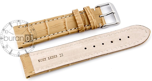   Uhrenarmband Kroko-Look V2 Dornschließe - Leder, geprägt, XXL-Größen - beige mit weißer Naht 