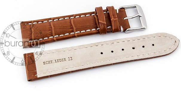   Uhrenarmband Kroko-Look V2 Dornschließe - Leder, geprägt, XXL-Größen - hellbraun mit weißer Naht 
