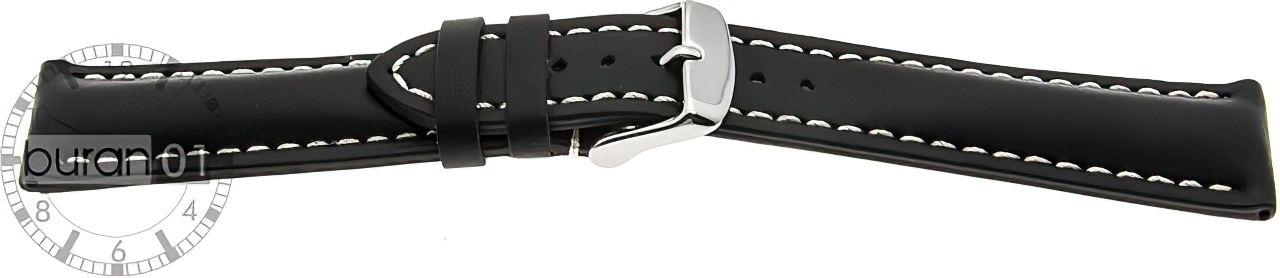   Uhrenarmband 17J Dornschließe - Leder, glatt, Extra gepolstert - schwarz mit weißer Naht 