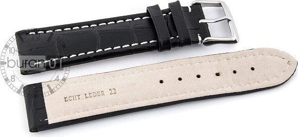   Uhrenarmband Kroko-Look V2 Dornschließe - Leder, geprägt - schwarz mit weißer Naht 